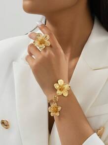 1 Set de joyería elegante y dulce con anillo y pulsera con flores de margarita, adecuado para uso diario, viajes y vacaciones - Dorado - Ver 1