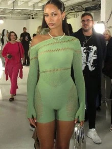 情趣内衣高针加厚女士性感连衣裙欧美斜肩长袖网纱上衣美甲钻连体衣大码 - 青綠色 - 查看 2