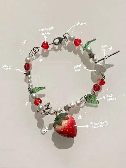 1 件情人节礼物多巴胺玻璃五角星和心形串珠草莓手链，小众设计可爱仿水晶链，灵活适用于日常服装配饰、妈妈、母亲、母亲节、礼物