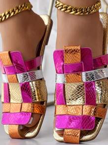 Vrouwen Kleurrijke Geweven Pantoffels Sandalen, Platte Bodem Zomer Pantoffels Met Gestructureerde Band, Casual Vierkante Neus Schoenen, Geschikt Voor Strand En Buitengebruik