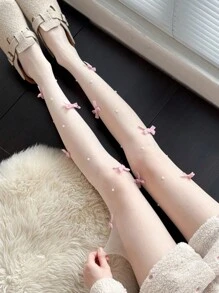 1pc Women's Sheer Pantyhose With Bow Decor, For Ladies Under 165lbs