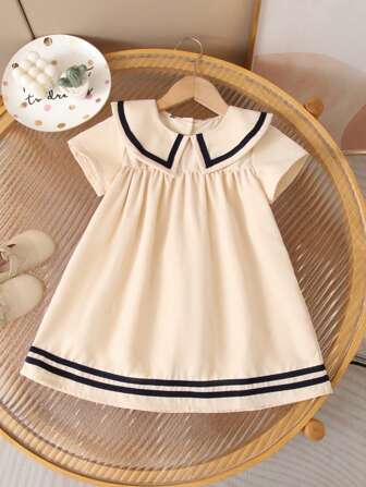 Young Girl Casual Navy Style Short Sleeve Beach Dress, Versatile Party Princess Dress, Summer