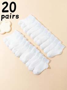 5双/10双/20双装儿童纯棉纯色条纹中筒袜，学生返校休闲袜，运动袜 - 白色 - 查看 11