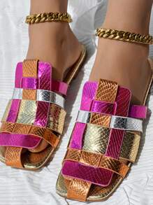 Vrouwen Kleurrijke Geweven Pantoffels Sandalen, Platte Bodem Zomer Pantoffels Met Gestructureerde Band, Casual Vierkante Neus Schoenen, Geschikt Voor Strand En Buitengebruik