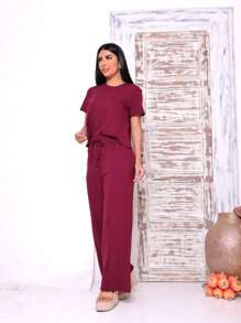 Women's Set Of Wide Leg Pants And Comfortable Sweatshirt Top Summer - 酒紅色 - 查看 4