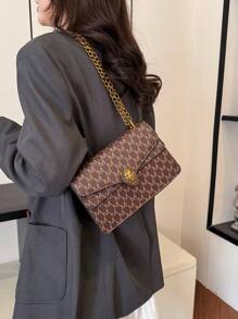 新款时尚女士字母 M 字母印花百搭 PU 小方包，复古法式单肩包/斜挎包