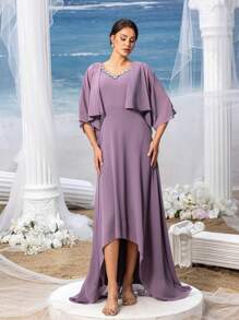 Faeriesty Mosy 水钻细节 V 领无袖雪纺派对连衣裙和半袖雪纺开衫两件套