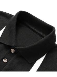 男士短袖轻便休闲舒适针织条纹时尚简约 Polo 衫，适合夏季日常通勤 - 黑色 - 查看 3