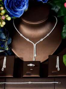 1 Bộ trang sức trang trí hình thoi Cubic Zirconia thời trang, thích hợp làm quà tặng ngày lễ tình nhân cho phụ nữ - Bạc - Xem 2
