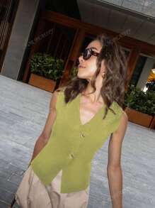 TOP CARDIGAN DE PUNTO CON CUELLO EN V SIN MANGAS Y BOTONES, NUEVO PARA LA TEMPORADA DE PRIMAVERA Y VERANO, AJUSTADO, CASUAL, SIMPLE Y ELEGANTE, ESTILO URBANO Y MODERNO PARA MUJER