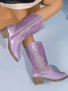 Kids Embroidered Western Style Pointed Toe Chunky Heel Side Zipper Mid-Calf Fashion Boots, Children's Purple Long Boots - Purple - View 5