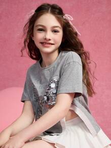 ASK JUNIOR Tween Girl Sequin Butterfly Graphic Round Neck Short Sleeve Casual T-Shirt - Grey - View 9