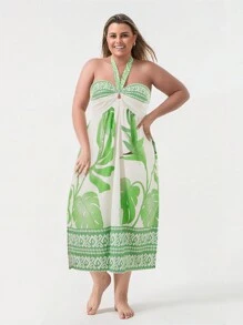 Women Plus Size Dress Leaves Print Tie-Up Front Strapless Tube Dress Summer Casual Long Dress - Green - View 1