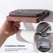 1pc Toilet Paper Holder With Natural Walnut Wooden Shelf Tissue Roll Hanger Wall Mounted Paper Towel Bar 304 Stainless Steel Paper