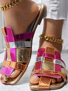 Vrouwen Kleurrijke Geweven Pantoffels Sandalen, Platte Bodem Zomer Pantoffels Met Gestructureerde Band, Casual Vierkante Neus Schoenen, Geschikt Voor Strand En Buitengebruik