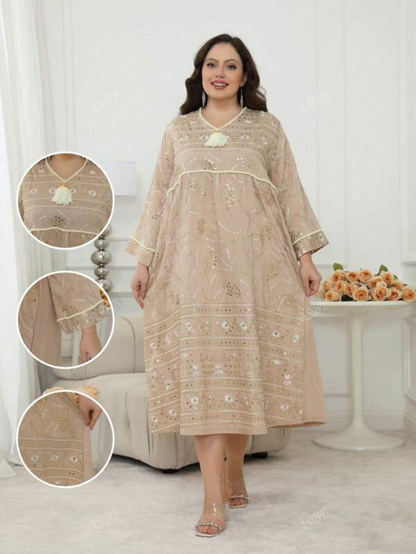 Vestido elegante de mujer con cuello en V con bordado árabe de gran tamaño, con bordado 3D dorado/plateado floral, decoración JALABIA, para primavera/verano 2025, Ramadán, Eid Al Adha, estilo modesto Kaftan