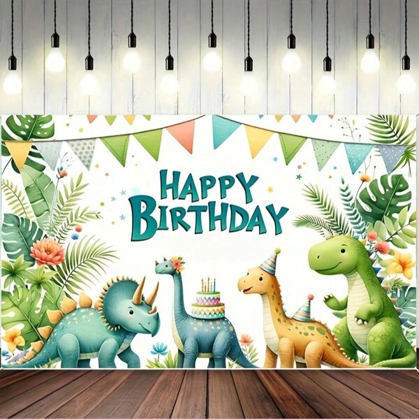 Aquarel dinosaurus achtergrond: Cartoon dinosaurus jungle thema Happy Birthday fotografie achtergrond - Binnen/buiten verjaardag decoratie feestartikelen muurschildering
