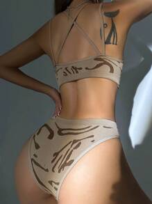 2pcs/Set Coffee Color Criss-Cross Back Seamless Women Underwear Set (Seamless Bra And Hipster Panties) - Coffee Brown - View 2
