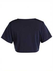 Women Solid Color Short Sleeve Open Front Knit Bolero Shrug - Blue - View 2