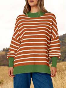 Women's Loose Stripes Sweaters Long Sleeve Round Neck Contrast Color Knit Tops Fall Jumper Tops