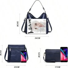 Pahajim Ensemble de sac à main grand modèle en PU 3 pièces avec sac à bandoulière et porte-monnaie, sac bandoulière adapté pour l'école et le bureau pour femme - bleu foncé - Voir 2