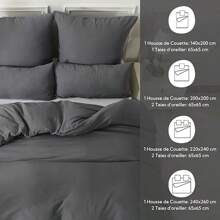 Parure de lit double en mousseline de coton gris foncé 140x200, 1 housse de couette & 1 taies d'oreiller 80x80
