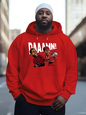 Plusstorlek Herr Röd Bokstav & Figurtryck Varm Gatu Vintage Karneval Avslappnad Dragsko Hoodie