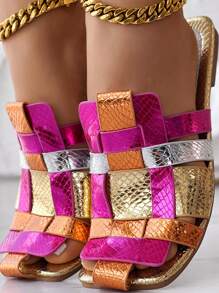 Vrouwen Kleurrijke Geweven Pantoffels Sandalen, Platte Bodem Zomer Pantoffels Met Gestructureerde Band, Casual Vierkante Neus Schoenen, Geschikt Voor Strand En Buitengebruik