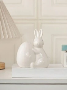 1 Peça Estatueta Cerâmica de Coelho Segurando Ovo, Branco/Rosa, Estilo Minimalista Fofo, Decoração de Páscoa, Adequado para Mesa de Escritório, Casa, Cozinha, Quarto, Sala de Estar, Enfeite Festivo