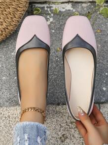 Women's Color Block Square Toe Low Heel Slip-On Ballet Flats, Casual Elegant Style, Daily Wear, Commute, Spring/Autumn, Soft Bottom Loafers, Pink