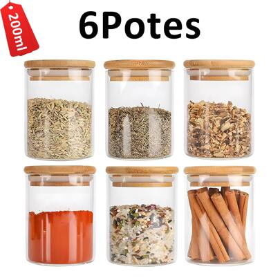 Belifou Kit 06 Potes de Mantimentos Herméticos 200ml Pote Redondo de Vidro com Tampa de Bambu Premium - Potes de Armazenamento com Tampa de Bambu