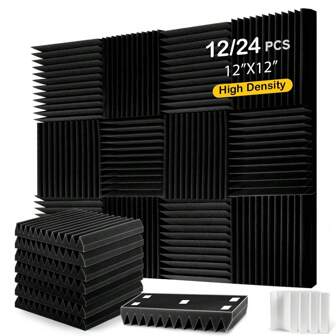 OLOEY 12/24 Pcs-12x12x1/12x12x2 Inches Acoustic Foam Panels, Fast Expand Self-Adhesive Sound Canceling Padding, 3D Sound Absorbing Treatment Foam Noise & Echo Reduction For Home Studios Gaming