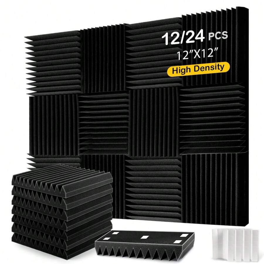 OLOEY 12/24 piezas - Paneles de espuma acústica de 12x12x1/12x12x2 pulgadas, autoadhesivos de expansión rápida para cancelación de sonido, tratamiento de espuma de absorción de sonido 3D para reducción de ruido y eco en estudios caseros y gaming