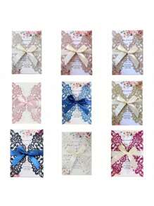 Paquete de 10 invitaciones de boda cortadas con láser, brillantes y en color plateado y dorado claro (incluye tarjetas en blanco, sobres y moños de cinta), tarjetas de invitación elegantes y de alta calidad para bodas y fiestas - Multicolor - Ver 1