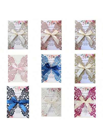 Paquete de 10 invitaciones de boda cortadas con láser, brillantes y en color plateado y dorado claro (incluye tarjetas en blanco, sobres y moños de cinta), tarjetas de invitación elegantes y de alta calidad para bodas y fiestas