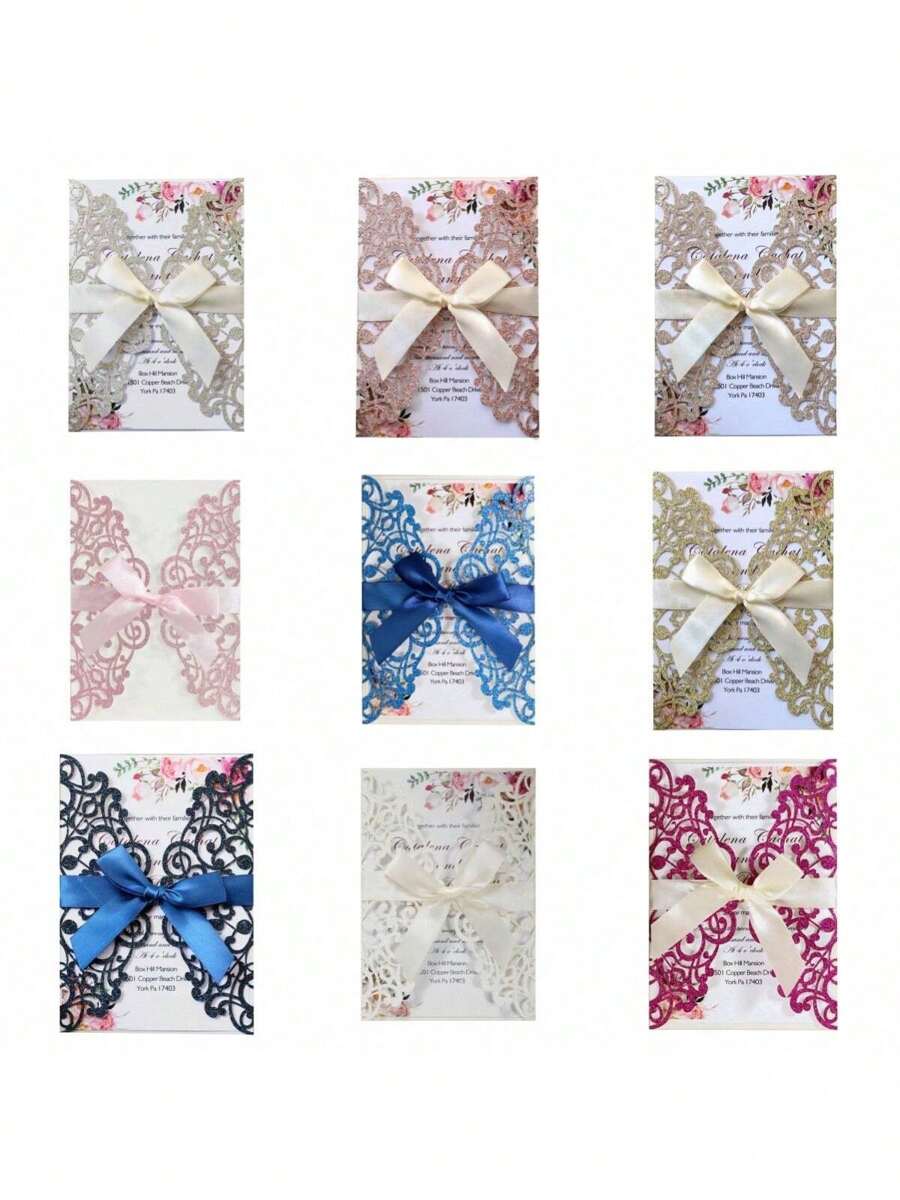 Paquete de 10 invitaciones de boda cortadas con láser, brillantes y en color plateado y dorado claro (incluye tarjetas en blanco, sobres y moños de cinta), tarjetas de invitación elegantes y de alta calidad para bodas y fiestas - Multicolor - Ver 1