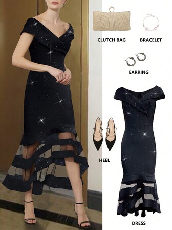 Shiny Black Fabric Contrast Mesh Long Formal Dress