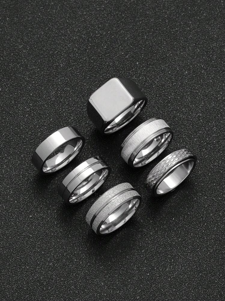 Set de 6 anillos de acero inoxidable con decoración de rombos en color dorado, adecuados para uso diario, regalo de joyería - Plateado - Ver 5