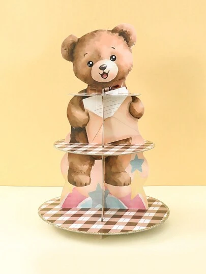 一套棕熊蛋糕架，熊图案纸杯蛋糕架，多层蛋糕托盘，卡通熊主题装饰蛋糕架，适用于生日、婴儿派对、节日餐桌DIY蛋糕装饰，生日快乐蛋糕顶部食物托盘，生日派对礼品