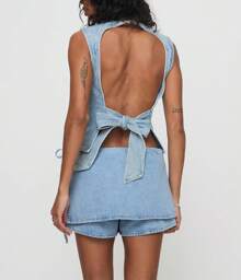 Women Casual Shorts Drawstring Comfy Elastic Waist Shorts Jeans Denim Shorts Pull On Short With Front Pockets - Baby Blue - View 4