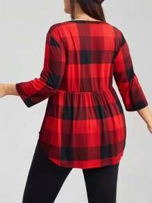 Women's Spring Autumn Oversized Tops Plus Size Seven Sleeves V Neck Plaid Print Loose Plus Size Blouse, L-6XL - Đỏ - Xem 2
