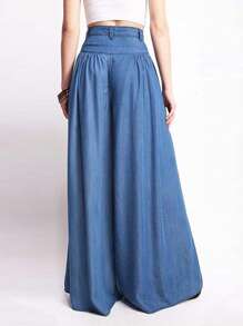 Women's Hight Waist Denim Wide Leg Pants - European & American Street Fashion Loose Button Trousers For Summer Clothes - 中等水洗藍 - 查看 4