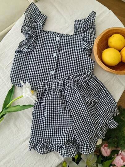 Bộ quần áo ngắn tay kẻ caro cho bé gái, áo kiểu bèo nhún dễ thương, trang phục mùa hè đáng yêu cho bé gái.