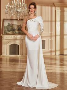 Floral Embroidered Mesh Contrast V-Neck Long Sleeve Evening Dress With Train, Elegant Women Maxi Gown, Party Dress, Wedding Guest Dress, Formal Dress - 白色 - 查看 1