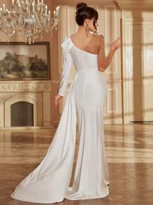 Floral Embroidered Mesh Contrast V-Neck Long Sleeve Evening Dress With Train, Elegant Women Maxi Gown, Party Dress, Wedding Guest Dress, Formal Dress - 白色 - 查看 2