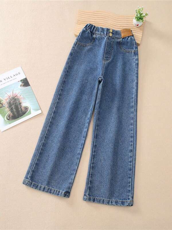 Pantalones vaqueros rectos y holgados de estilo informal y moderno para mujer, con cintura elástica, botones y bolsillos delanteros y traseros, ideales para combinar en primavera, verano y otoño.
