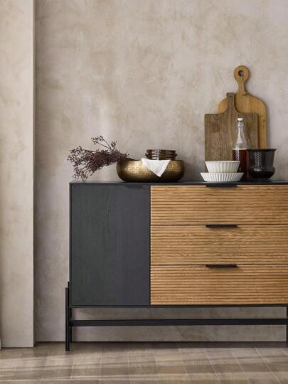 SoBuy Sideboard Chest Of Drawers Made Of Wood And Metal Black-Natural