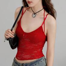 Beauace Womens Camisole Lace Top Spaghetti Straps Halterneck Backless See-Through Lace Patchwork Summer Tops - Red - View 11