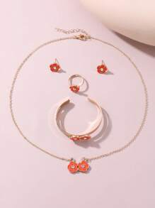 5pcs/Set Girls Flower Necklace Bracelet Earrings Ring Jewelry Set