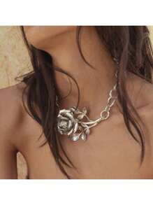 1 件新款时尚玫瑰吊坠项链，带粗链，时尚百搭女士珠宝 - 花 - 查看 8